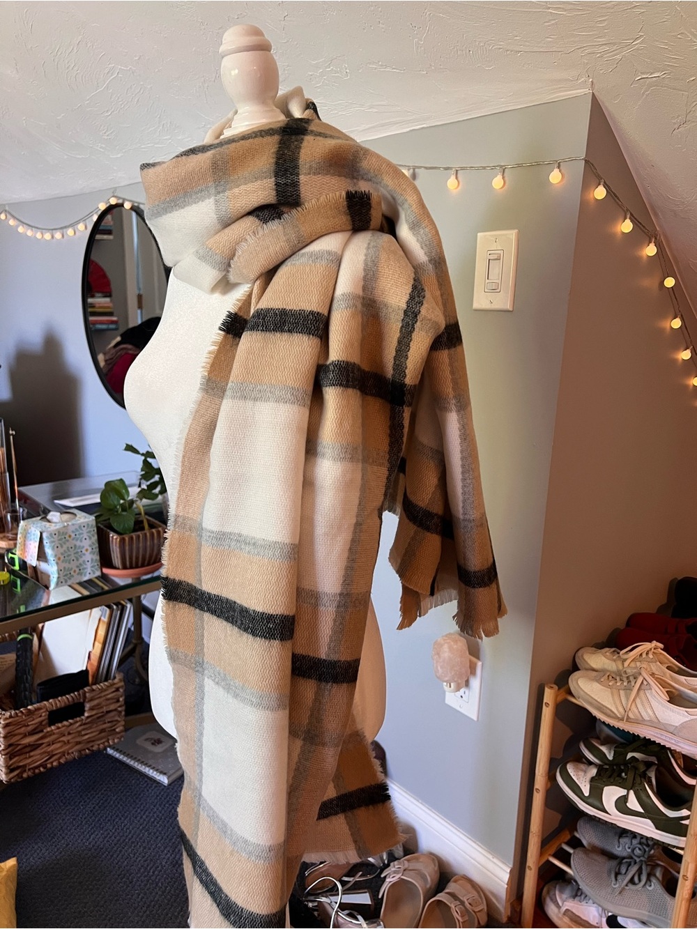 Large, Chunky, Plaid Fringe Wrap Scarf - Beige Plaid